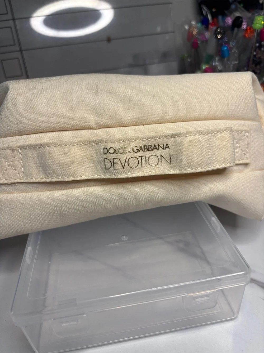 Dolce & Gabbana Cream Canvas Cosmetic Pouch with Gold Heart Charm